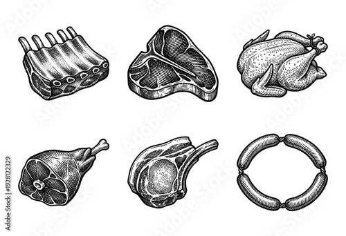 Vintage hand drawn engraving set of various meat cuts including beef steak chicken poultry ribs ham and sausages