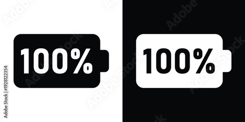 Horizontal battery icon displaying 100% text, signifying a full charge. Clean, bold graphic for mobile interfaces, power management systems, and complete energy capacity status.