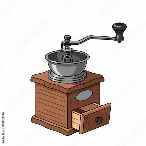 Hand crank coffee grinder illustration with open drawer for ground coffee vintage style brown wood and metallic finish old fashioned design