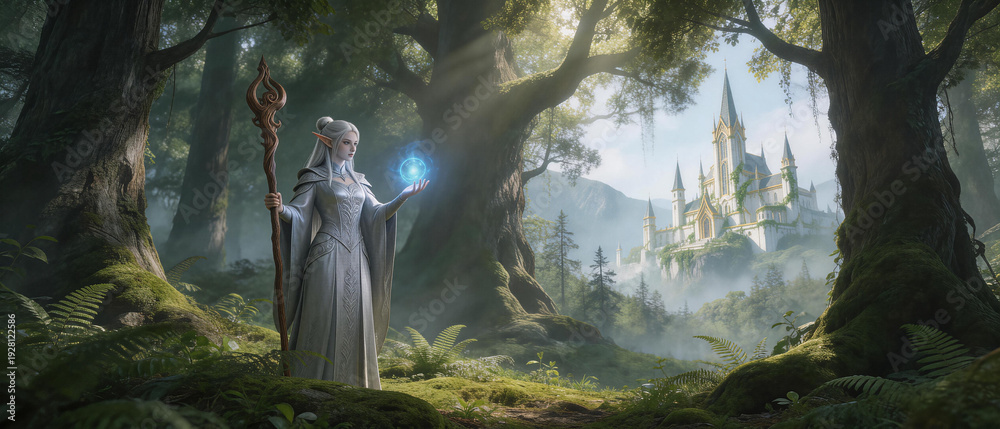 Fototapeta premium Elven mage casting magic orb in enchanted forest with distant castle and sunlight rays, idea for fantasy game, book cover, mystical storytelling concept art
