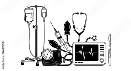 Medical equipment illustration showcasing healthcare tools and instruments for patient care.