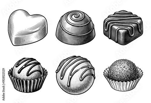 Set of six vintage engraved chocolate pralines and truffles in heart, round, and square shapes with decorative icing and paper cups in woodcut style.