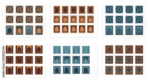 Collection of modern Islamic prayer rug motifs and geometric star patterns in various earthy tones on white background, concept for Ramadan decorations, Eid Mubarak cards and textile design