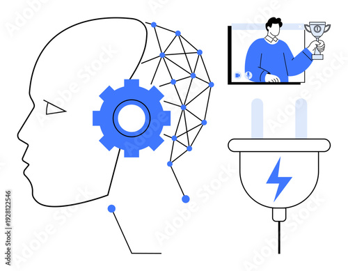 Artificial intelligence concept showcasing a digital brain with a gear, video communication, and power plug. Ideal for AI innovation, tech education, neural networks, remote work, connectivity