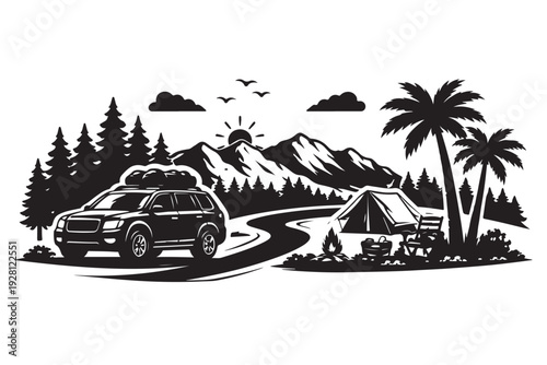 Vacation Road Trip Silhouette, Vector Illustration, Isolated on White Background