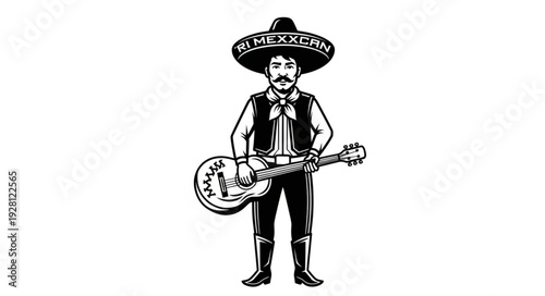 Mexican musician in traditional attire with a sombrero and guitar, standing proudly.