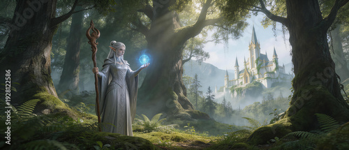 Elven mage casting magic orb in enchanted forest with distant castle and sunlight rays, idea for fantasy game, book cover, mystical storytelling concept art