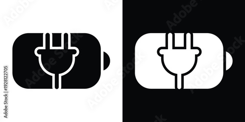 Flat vector illustration of a horizontal battery with a power plug silhouette. High-contrast black and white icons for electricity, recharging, and battery health indicators.