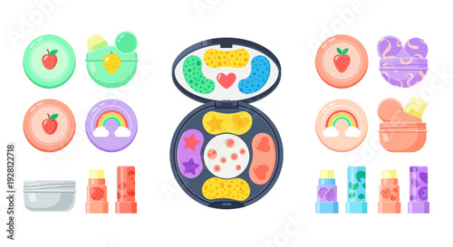 Set of colorful kids cosmetic products with fruit and rainbow illustrations isolated on white background, concept for beauty kit branding, children marketing and packaging design