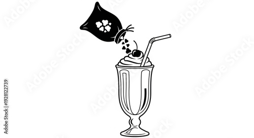 Delicious milkshake with whipped cream and cherry being poured from a bag, tasty treat.