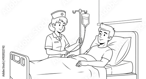 Nurse tending to patient in hospital bed with intravenous drip.