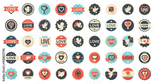 Large set of retro romantic love badges and valentine stickers with heart shapes cupid and dove symbols on isolated background, concept for wedding invitation, greeting card and holiday promotion
