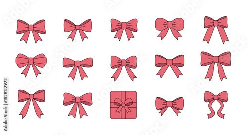 Collection of pink ribbon bows icons and gift box element isolated on white background, concept for festive decoration, birthday celebration and commercial product packaging design
