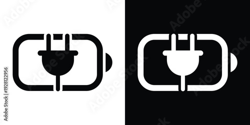Flat vector illustration of a horizontal battery with a power plug silhouette. High-contrast black and white icons for electricity, recharging, and battery health indicators.