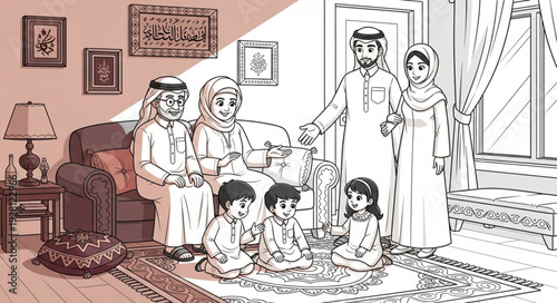 Family gathering in traditional attire, celebrating a special occasion together.