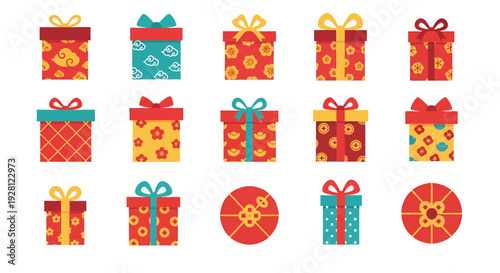 Collection of colorful Chinese New Year gift boxes with traditional patterns and ribbons isolated on white background, concept for holiday marketing, seasonal greeting card and lunar promotion