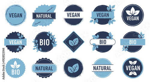 Set of various blue vegan bio and natural organic product badges with leaf ornaments on white background, concept for product packaging, healthy food marketing and brand certification