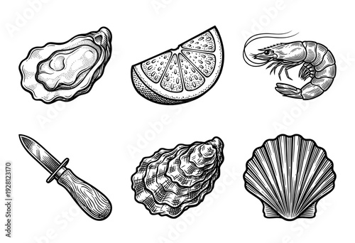 Vintage hand drawn seafood collection featuring oysters shrimp scallops lemon and shucking knife in woodcut engraving style