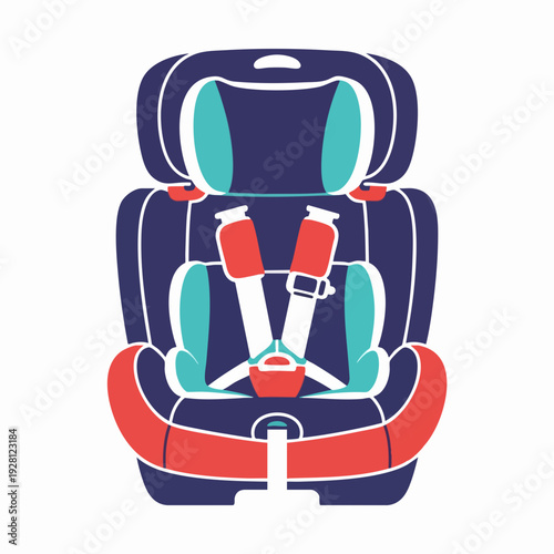 Illustration of a blue and red child car seat with white straps; safety and protection for children during car travel