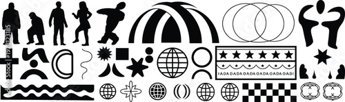 Black silhouette symbols collection, abstract human figures, geometric patterns, globes, stars, Dada art inspired design for creative projects