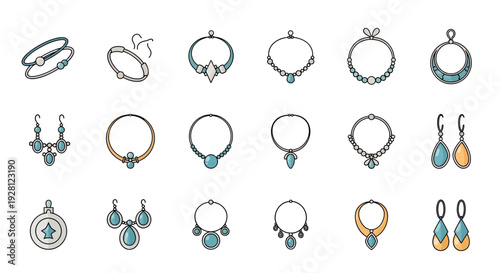 Collection of luxury jewelry icons including necklaces earrings and bracelets with turquoise gemstones on white background, concept for fashion retail, jewelry catalog and boutique design