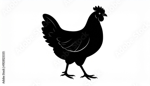 A black silhouette of a chicken standing on a white background