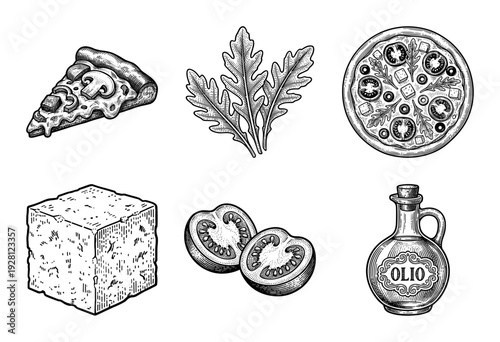 Italian pizza ingredients and culinary elements collection in vintage woodcut engraving style