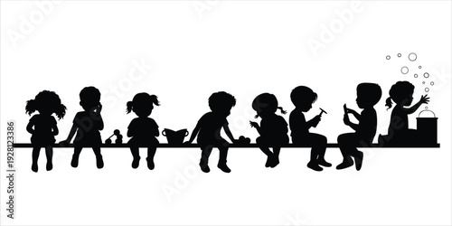 Black Silhouette Of Children Sitting On A Ledge Playing With Toys kids