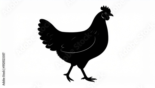 A black silhouette of a chicken standing on a white background