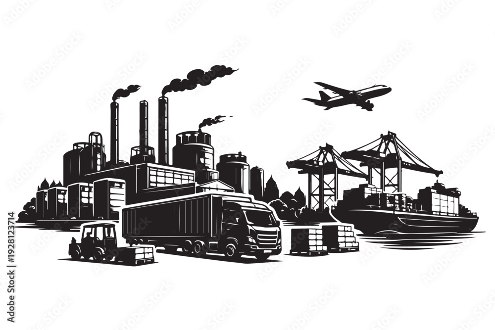 Obraz premium Factory with Transport Silhouette, Vector Illustration, Isolated on White Background