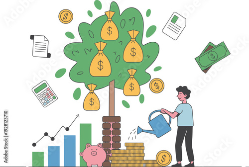 Financial growth investment illustration, money tree with coins, piggy bank savings, calculator chart, wealth planning concept, economic vector art design