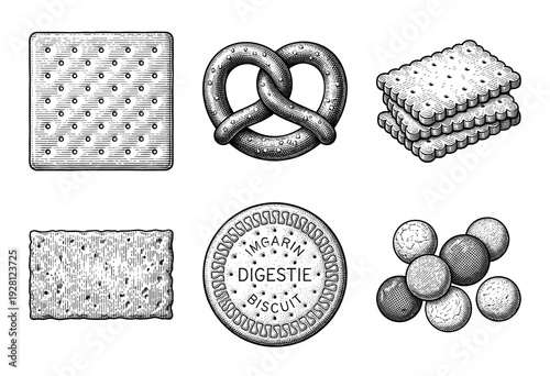 Vintage style engraving collection of various dry snacks including crackers pretzels digestives and biscuit cookies in a detailed woodcut hand drawn aesthetic