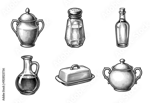 Vintage woodcut style collection of kitchen tableware and condiment containers including salt shaker butter dish and oil carafes