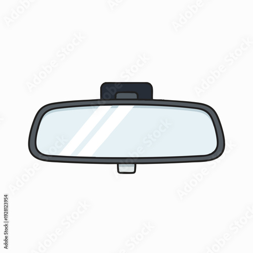 Illustration of a car rearview mirror with a gray frame and mounting fixture providing a clear reflection for driving safety