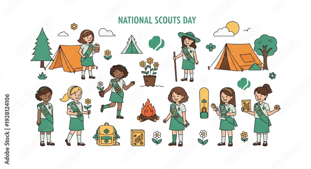 Fototapeta premium National Girl Scout Day Vector Illustration with Diverse Scouts, Camping, Cookies, and Outdoor Activities