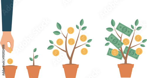Investment growth plant illustration, coin sprout to money tree, financial planning concept, wealth savings progress, economic vector art design set