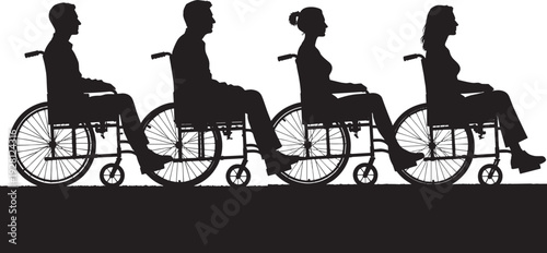 Silhouette illustration of diverse individuals seated in wheelchairs, symbolizing disability inclusion, accessibility, equality, mobility support, healthcare  