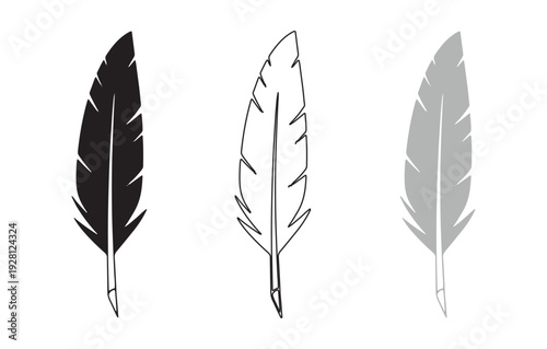 Three different colored feather icons in black white and gray
