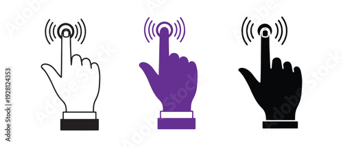 Three hands pointing to a button with signal waves  technology and communication concept