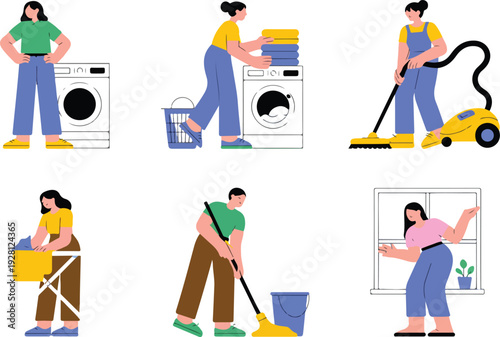 Vector Collection of Housekeeping Activities Illustrating Laundry Washing Vacuuming Ironing and Home Cleaning Services