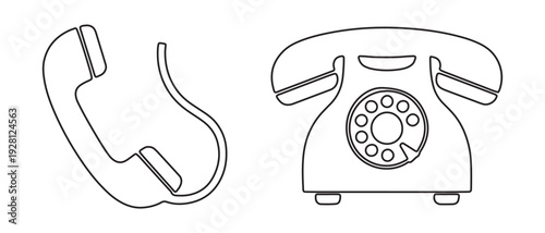 Vintage rotary phone and receiver line art illustrations  communication devices