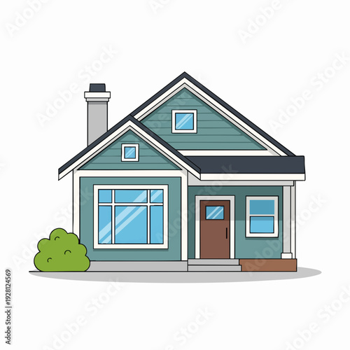 Illustration of a cozy teal house with a chimney front door and green bush in a cartoon style perfect for real estate and family themes