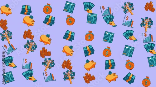 Scattered financial icons money bags, calculators, piggy banks. Ideal for financial blogs, educational materials, or business presentations needing visuals.