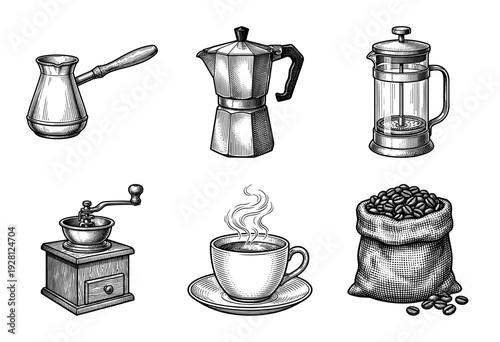 Vintage engraving style coffee preparation set featuring moka pot, french press, cezve, manual grinder, roasted beans, and a steaming cup.