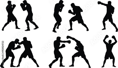 Boxing Silhouettes Showing Different Poses And Actions On White Background boxer fighting