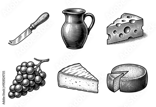 Vintage woodcut style collection of dairy products and snacks featuring various cheese types, grapes, a rustic pitcher, and a specialty knife