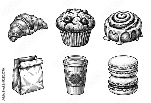 Vintage hand drawn bakery and coffee set featuring a croissant, muffin, cinnamon roll, paper bag, takeaway cup, and macarons in an engraved woodcut style.