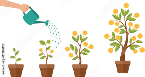 Plant growth stages illustration, watering can nurturing, sprout to fruit tree, nature care concept, agricultural development vector art design