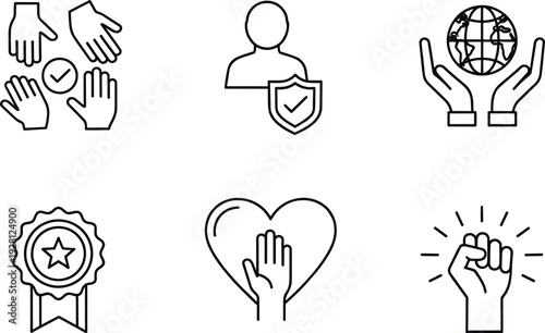 Community Support and Protection Line Icon Set with Helping Hands, Security Shield, Global Care, Award Badge and Solidarity Symbols