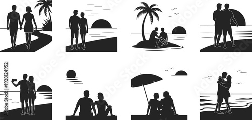 Romantic couple beach silhouettes, tropical love scenes, palm tree sunset, ocean waves, black and white vector art illustration setRomantic couple beach silhouettes, tropical love scenes, palm tree t